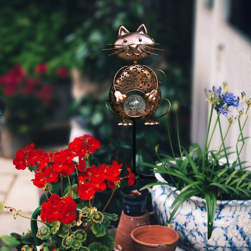 KAIXOXIN Garden Solar Lights Metal Cat Crackle Glass Globe Stake Light Waterproof Warm White LED Solar Path Lights (Cat-Bronze) - Image 4